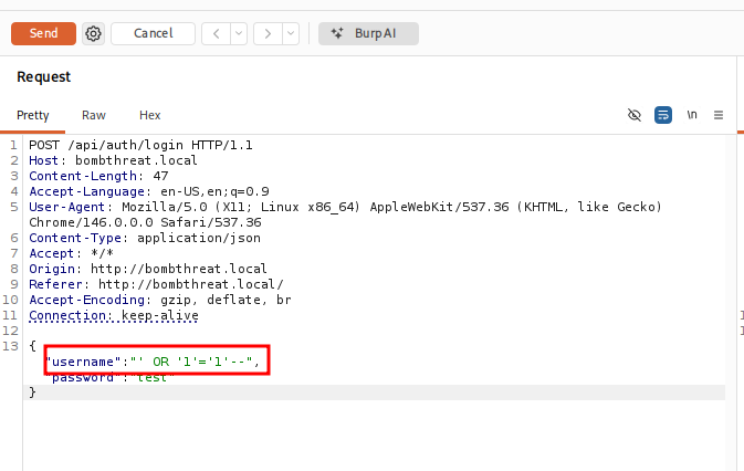 Payload injecté dans Burp Repeater