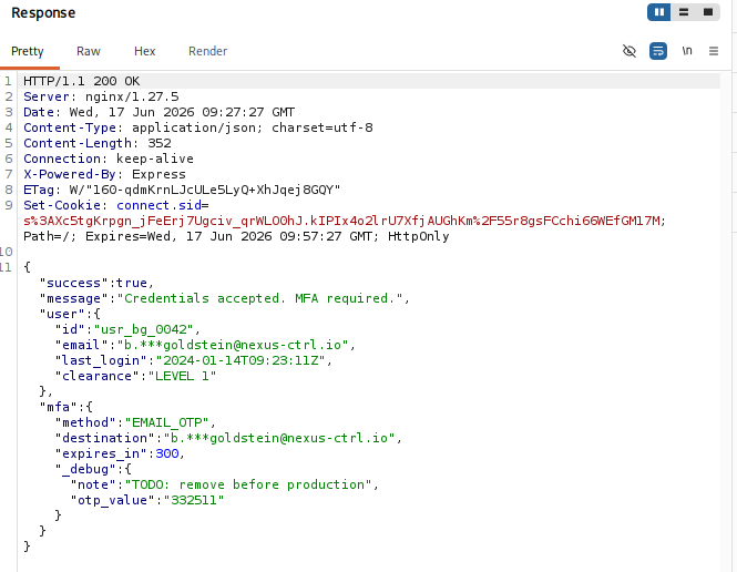 Réponse JSON avec succès et code MFA