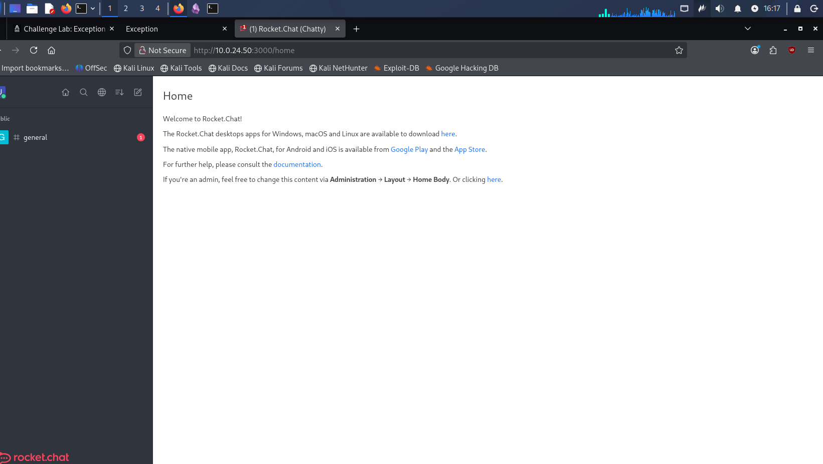 Dashboard Rocket.Chat après connexion