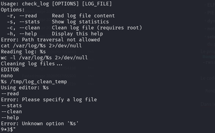Output strings check_log