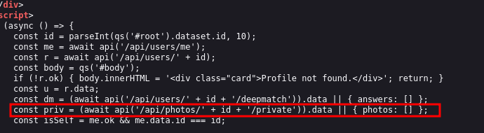 Code source JS avec endpoint photos privées