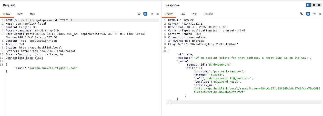Token de reset présent dans la réponse JSON