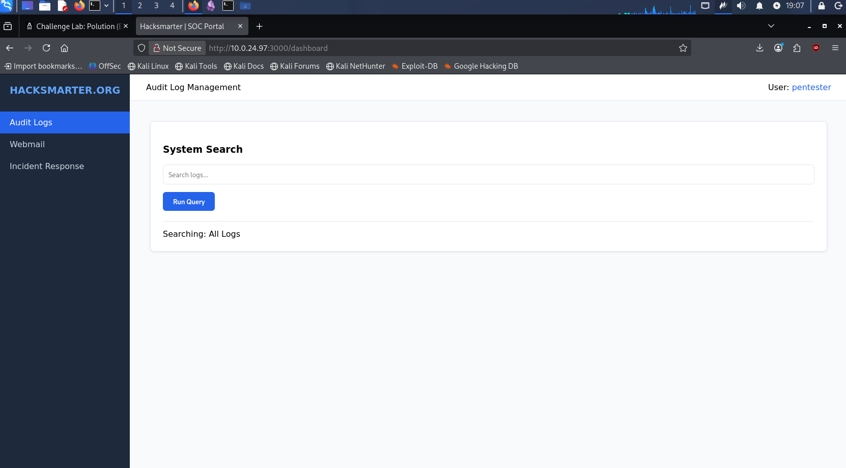 Dashboard utilisateur pentester