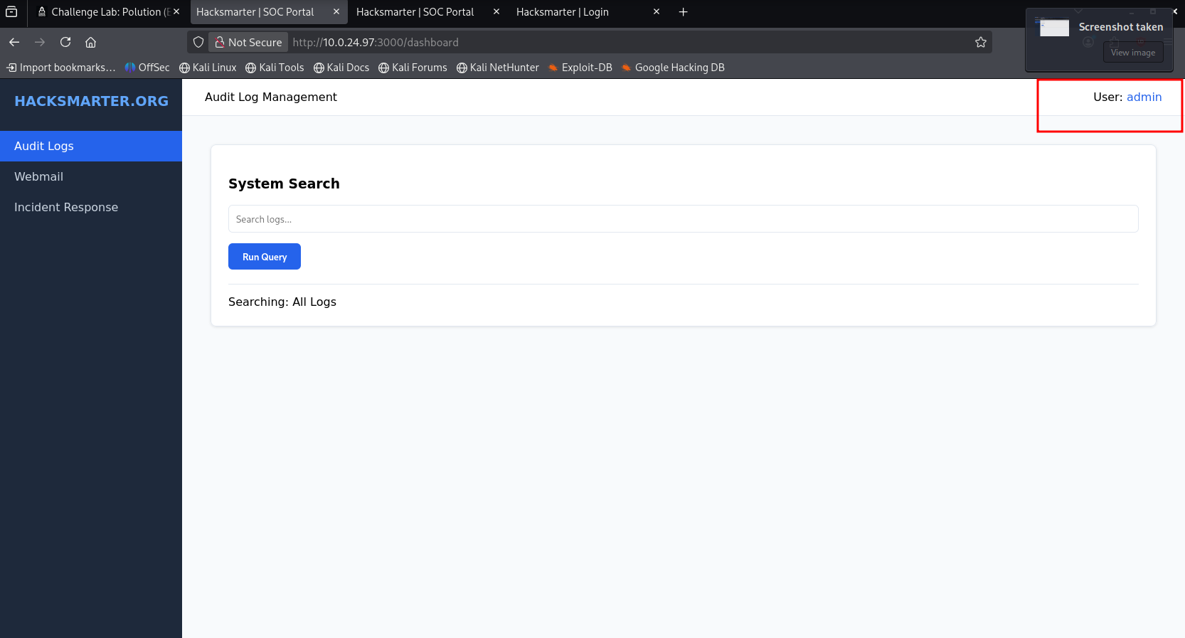 Dashboard Admin obtenu