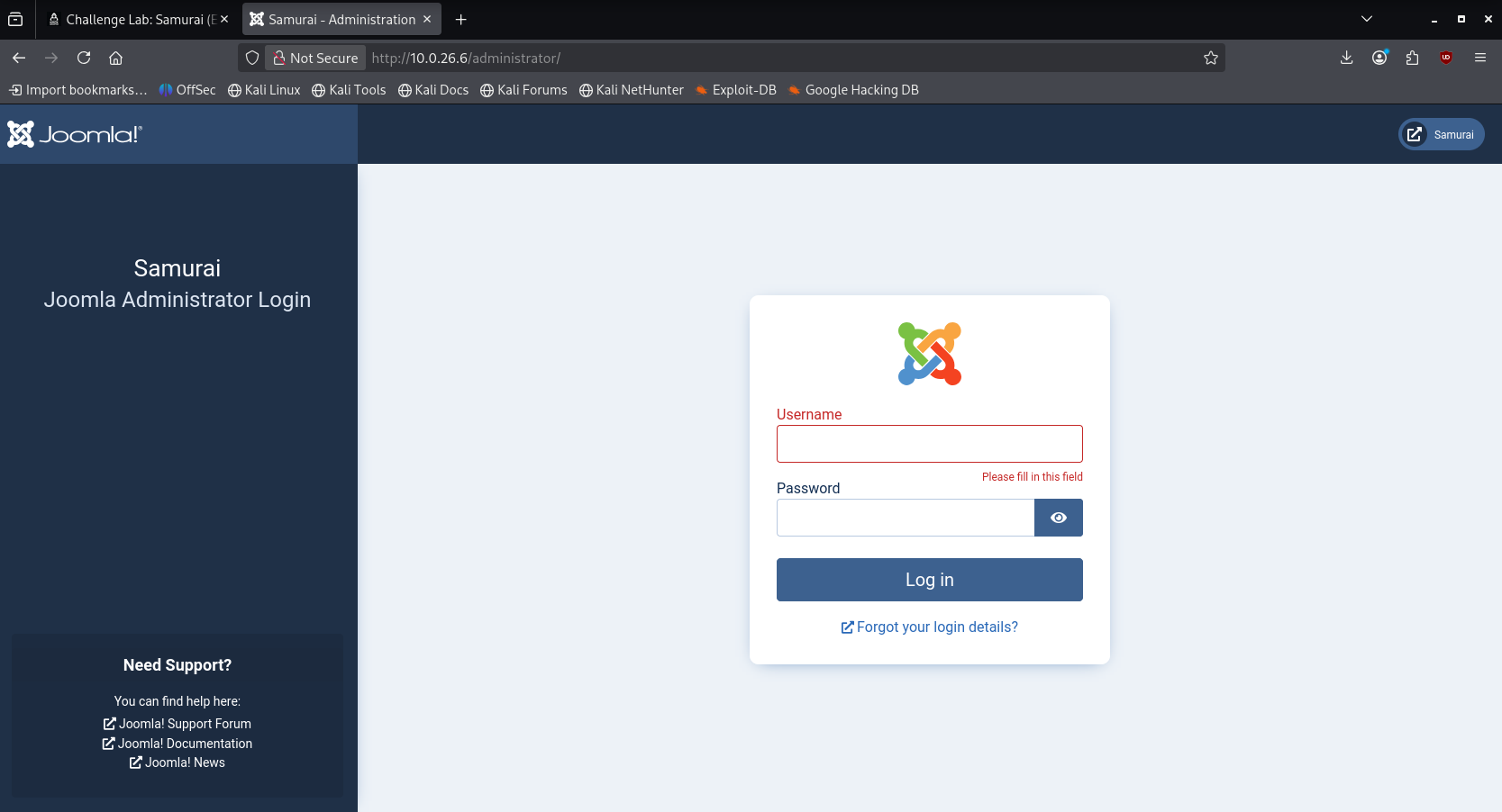 Page d'administration Joomla