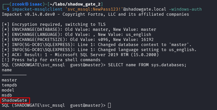 Liste des bases de données MSSQL, dont ShadowGate