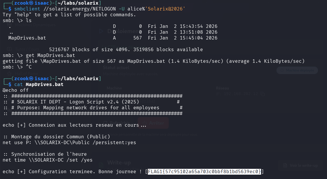 Flag 1 trouvé dans MapDrives.bat sur le partage NETLOGON