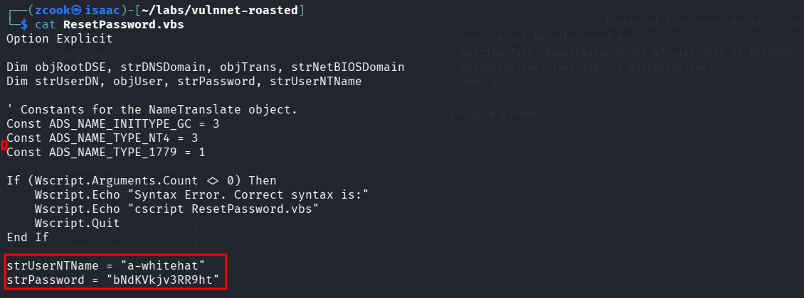 Credentials d'Alexa Whitehat trouvés dans ResetPassword.vbs