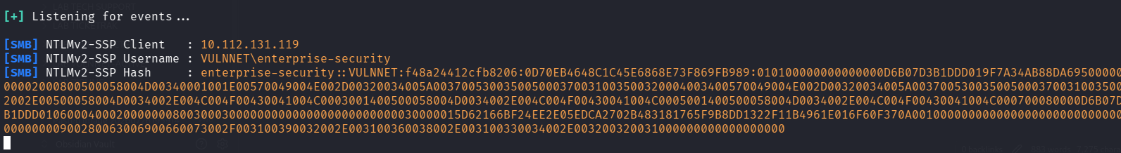 Hash NetNTLMv2 capturé par Responder