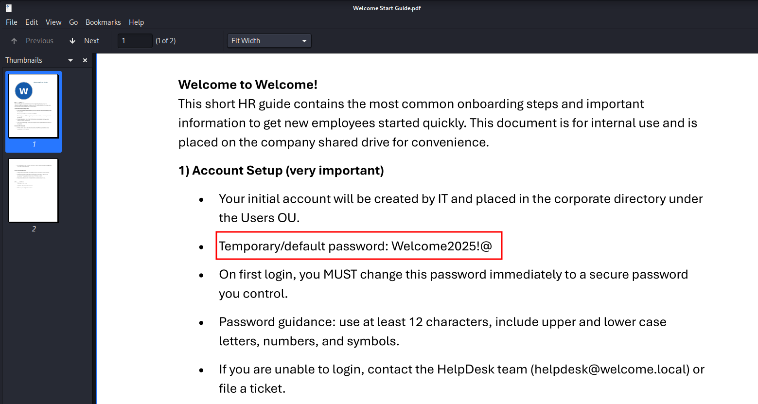 Mot de passe par défaut de l'entreprise révélé dans le PDF